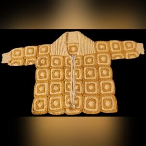 Vintage Handmade Granny Square Crochet Yellow Zip Up Cardigan Sweater Toddler